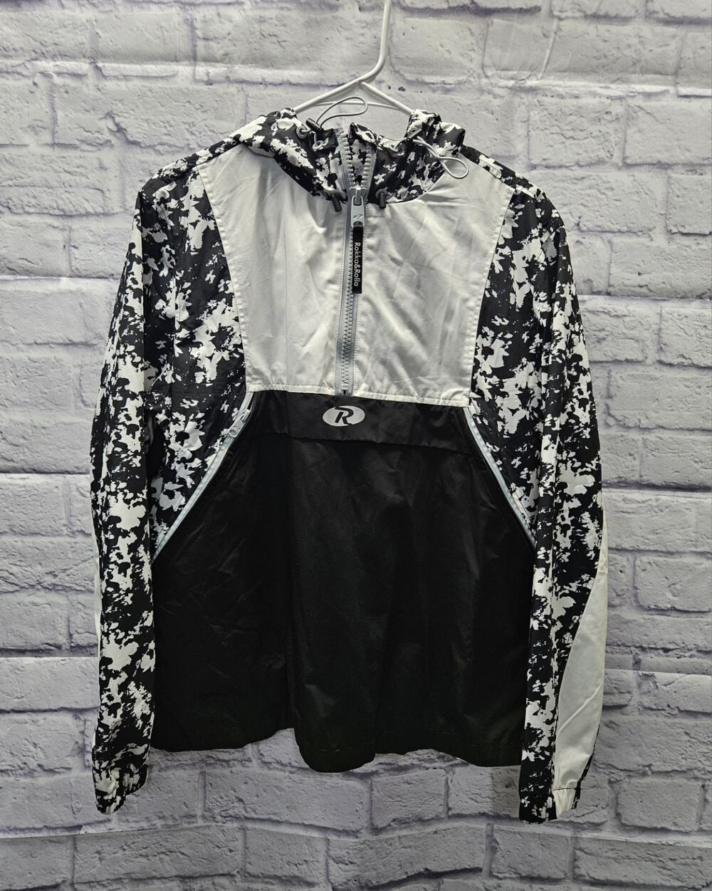Rokka & Rolla Windbreaker Jacket Men Large Black White Vintage Style Hooded Coat
